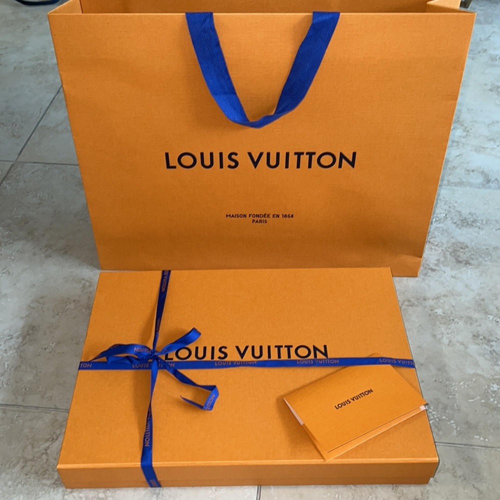 Louis Vuitton box and paper bag with envelope